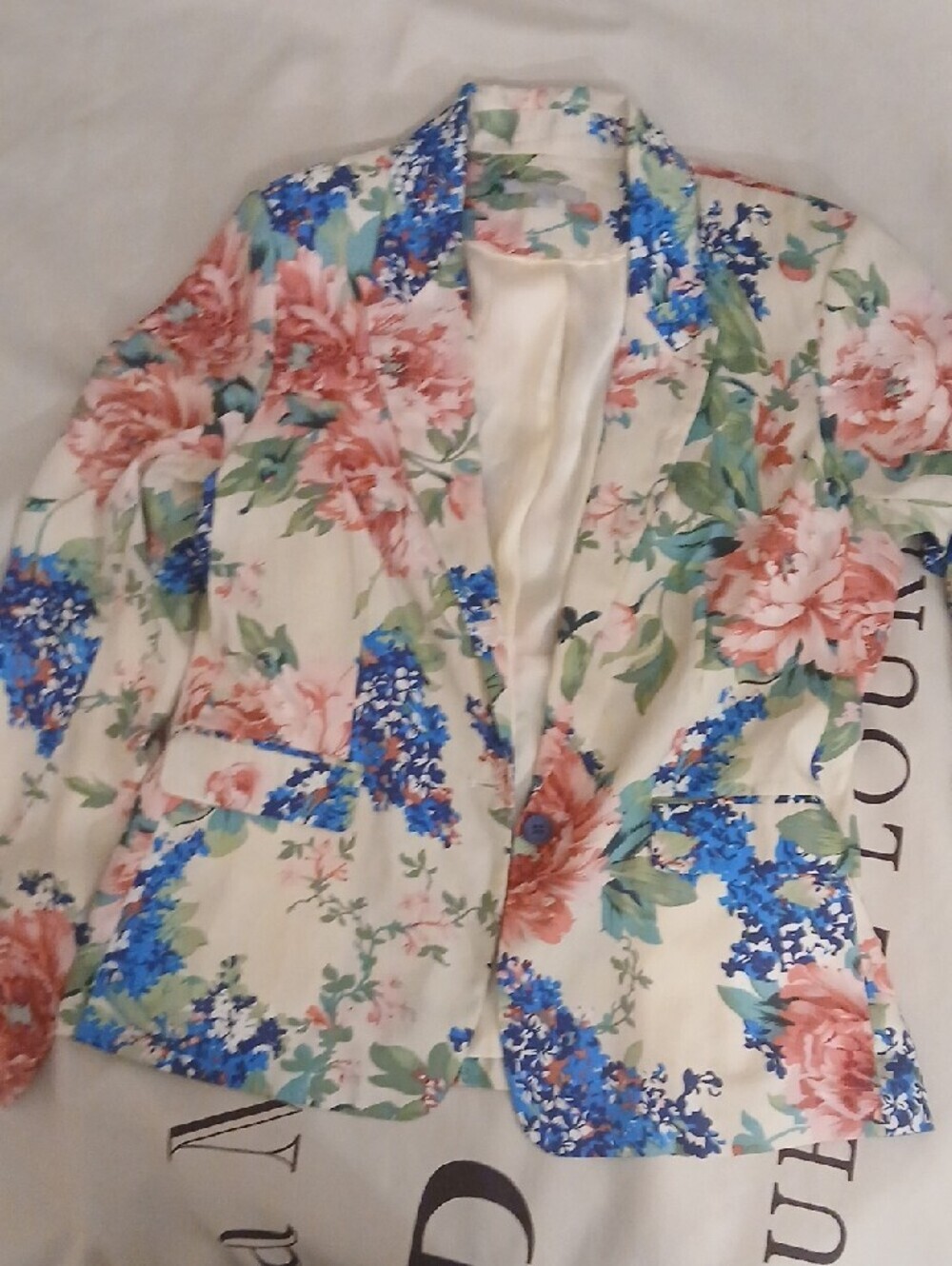 Sylvian Heach Floral Print Open Blazer - Coral & Blue on Cream SizeL